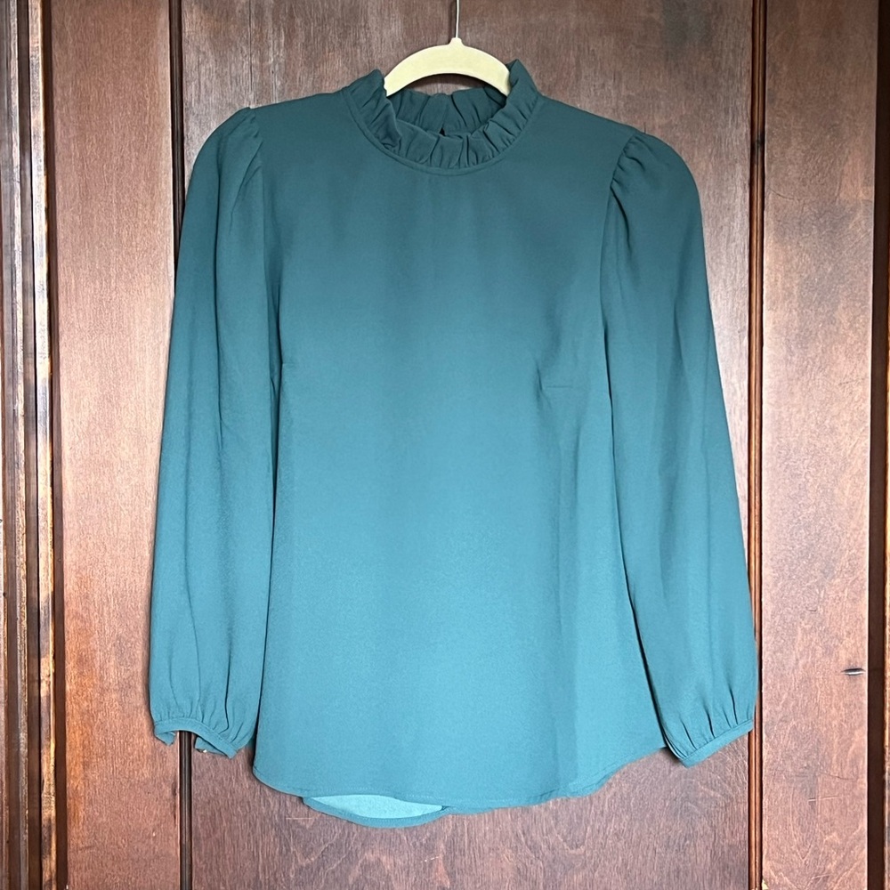 Elegant Teal Blouse with Ruffled Collar